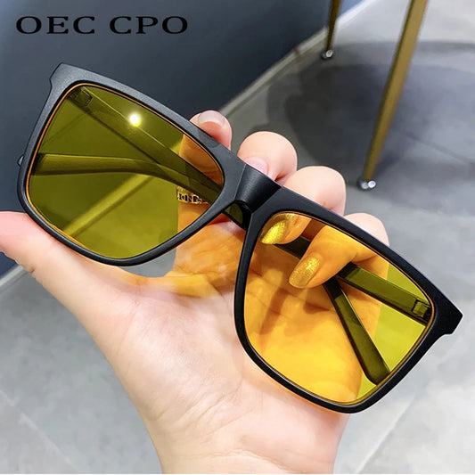 OEC CPO Square Men Sunglasses Big Frame Sunglasses Women Fashion Yellow Lens Sun Glasses Female Drive Beach Eyewear UV400 Glass