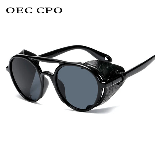 OEC CPO New Men Steampunk Sunglasses For Men Leather Punk Round Sunglasses Women Vintage Shades High Quality UV400 O74