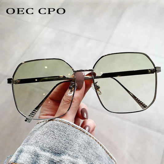 OEC CPO Square Shades Sunglasses Women Fashion Oversized Green Sun Glasses Ladies Retro Alloy Eyeglass uv400 Lentes De Sol O1142