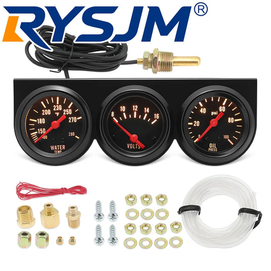 52MM Triple Gauge Kit 3 IN 1 Water Temperature Gauge+Oil Pressure Meter+Voltage for Universal Petrol Engine Car 12V