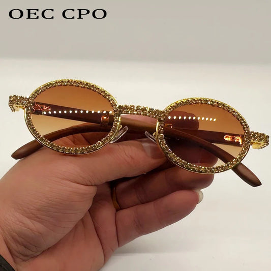 Diamond Luxury Metal Sunglasses UV400 Fashion Rhinestone Oval Eyewear Shades for Women Stylish Designer Brand Female Sun Glasses