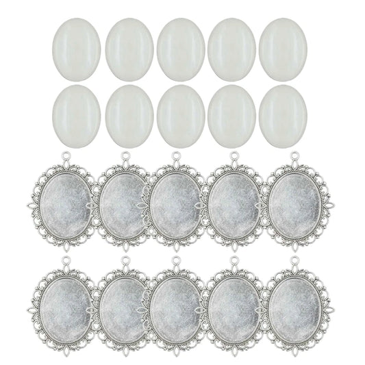 10 Set Bezel Pendant Trays Oval Bezel Trays Blank Pendant Bases with Glass Cabochons Wedding Bouquet Photo Charms
