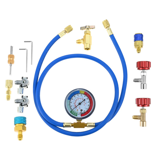 R134A R1234YF A/C Refrigerant Recharge Hose Kit Gauge Set with Bullet Piercing Valves Can Tap Low Pressure Quick Couplers