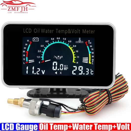 2026 Mulitifunctional LCD Gauge 3 IN 1 Oil Temperature+Water Temperature+Voltmeter with Sensor 1/8NPT for Auto Car Truck 12V24V