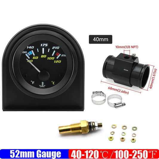 40-120℃,100-250℉ 52mm Car Water Temperature Gauge with Temp Joint Sensor 26-40MM for Universal Petrol Car Meter Indicator 12V