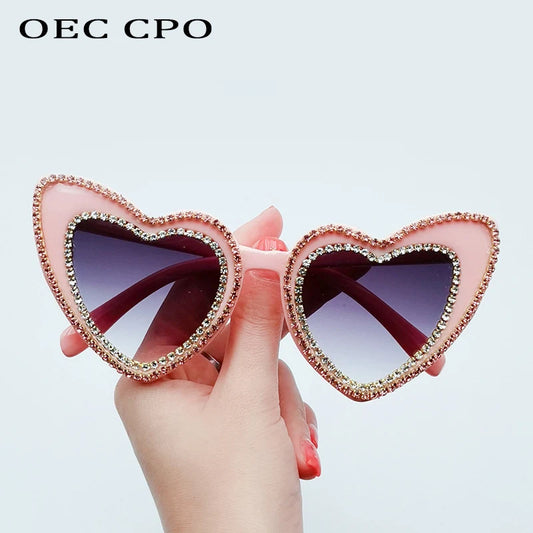 OEC CPO Heart Shaped Rhinestone Sunglasses Women Unique Diamond Sun Glasses Female Fashion Pink Eyeglasses Gafas De Sol O964