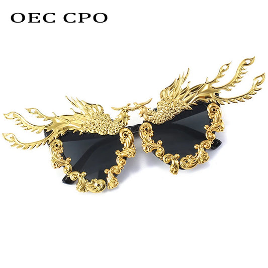 New Fashion Party Dragon And Phoenix Sunglasses Women Unique Colorful Gold Punk Sun Glasses Female Eyeglasses O992