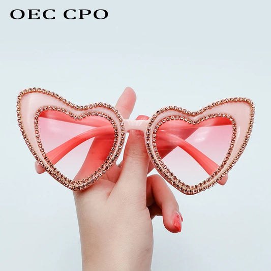 OEC CPO Heart Shaped Rhinestone Sunglasses Women Unique Diamond Sun Glasses Female Fashion Pink Eyeglasses Gafas De Sol O964