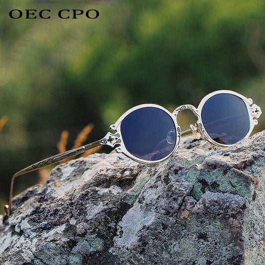New Cat-Eye Street Shoot Man Sunglasses Women Retro Steampunk Glasses Gothic Oval Metal Frame Carved Sunglasses Gafas Sol Mujer