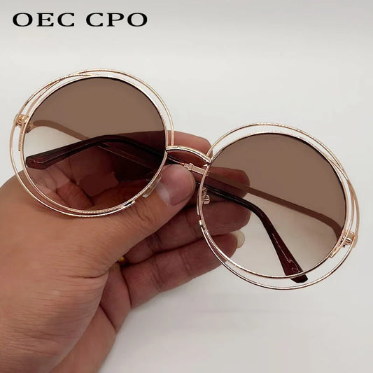 OEC CPOVintage Round Sunglasses for Women Fashion Metal Big Frame Sun Glasses Female Goggles Oculos De Sol