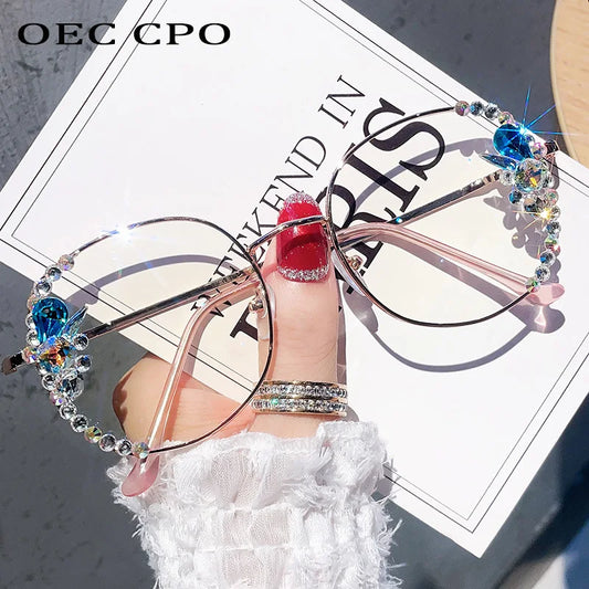 Shiny Diamonds Square Glasses Women Luxury Rhinestone Alloy Frame Clear Lens Eyewear Female Trends Punk Eyeglasses Shades Oculos
