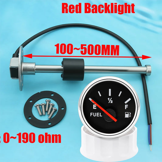 Red Light 2" 52mm Fuel Level Gauge 100-500MM Stainless Steel Fuel Level Sensor 0~190 ohm For Auto Car Boat Yacht Marine 12V 24V