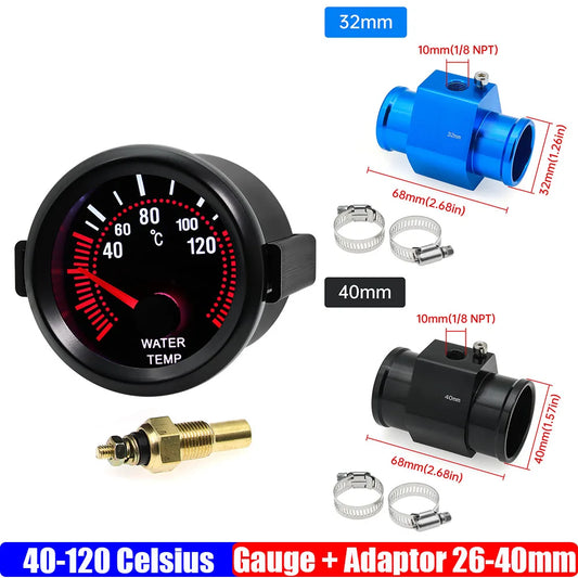 2" 52mm Water Temperature Gauge 40-120℃ Water Temp Meter+Water Temp Joint Pipe Sensor 26-40mm Hose Adapter for Petrol Car 12V