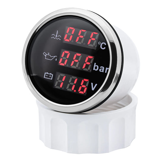 3 in 1 Digital 52mm Gauge with Alarm 0~120℃ Water Temperature Gauge+Oil Pressure Meter+Voltmeter 0-10 Bar Red Backlight Car Boat