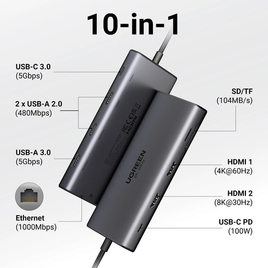 UGREEN Dual HDMI USB-C HUB 8K 4K HDMI Adapter 10 in 1 Splitter with RJ45 USB3.0 PD 100W Dock for MacBook Pro Air Laptop USB HUB