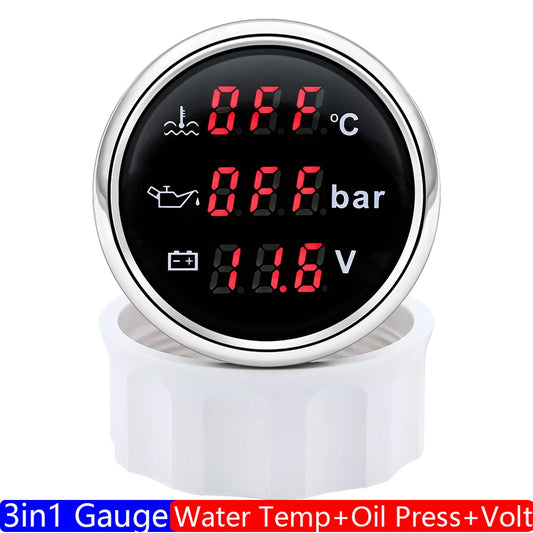 3 in 1 Digital 52mm Gauge with Alarm 0~120℃ Water Temperature Gauge+Oil Pressure Meter+Voltmeter 0-10 Bar Red Backlight Car Boat