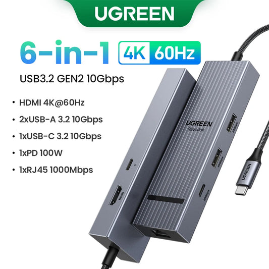 UGREEN 6 in 1 USB C HUB Gigabit Ethernet Adapter with 4K60Hz HDMI PD100W Charging 10Gbps USB A&C 3.2 Data Ports for Laptop iPad