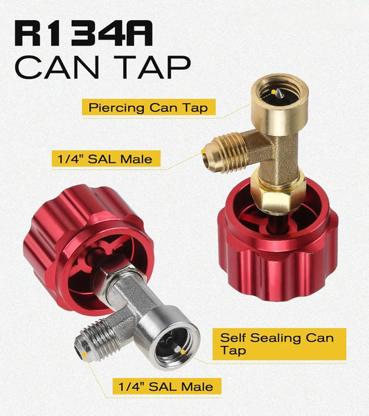 R134A R1234YF A/C Refrigerant Recharge Hose Kit Gauge Set with Bullet Piercing Valves Can Tap Low Pressure Quick Couplers