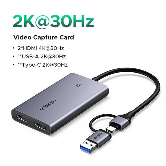 UGREEN HDMI Capture Card 2K@ 30 Capture & 4K Loop-out HDMI to USB/Type-C Video Grabber for Computer Live Stream Recording