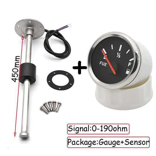 Red Light 2" 52mm Fuel Level Gauge 100-500MM Stainless Steel Fuel Level Sensor 0~190 ohm For Auto Car Boat Yacht Marine 12V 24V