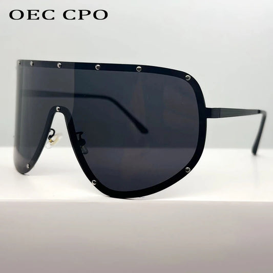 Unisex Oversized One Piece Sunglasses Frameless UV400 Fashion Rivet Trending Female Eyewear Shades for Men And Women