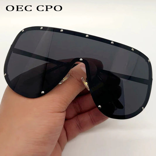 Unisex Oversized One Piece Sunglasses Frameless UV400 Fashion Rivet Trending Female Eyewear Shades for Men And Women