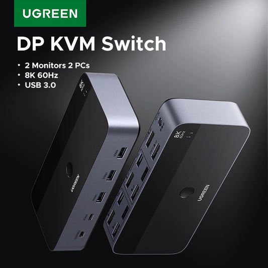 UGREEN 8K 60Hz DP KVM Switch 2 Monitors 2 PCs USB 3.0 Sharing Keyboard Mouse Monitor with HDR 3D for Desktop Printer