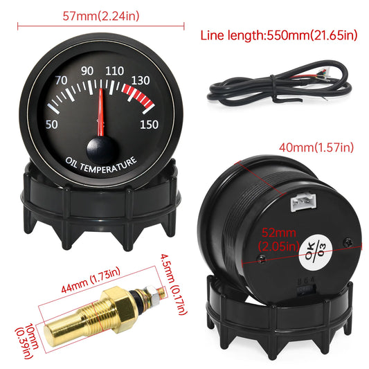 2" 52MM Gauge 12V Car Oil Temperature Gauge with Temp Sensor 1/8NPT 50-150℃ White LED Backlight for Universal Petrol Car
