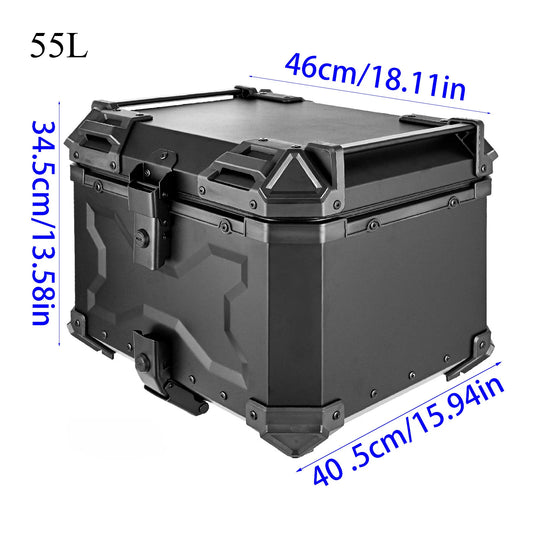 55L Aluminum Motorcycle Tail Box Black Rear Luggage Tool Case With Fitting Plate and Fixings Universal Motorbike Trunk