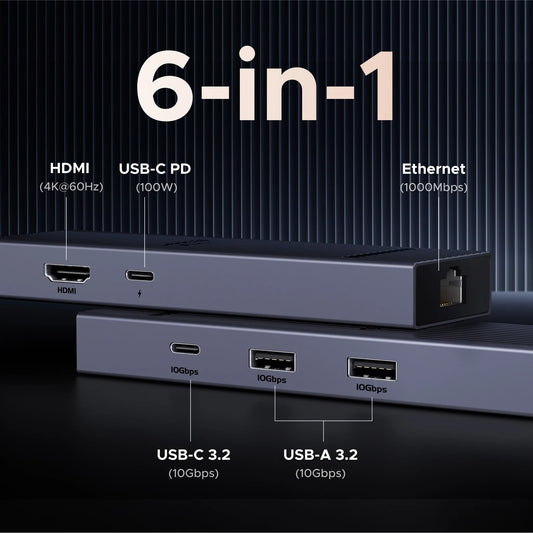 UGREEN 6 in 1 USB C HUB Gigabit Ethernet Adapter with 4K60Hz HDMI PD100W Charging 10Gbps USB A&C 3.2 Data Ports for Laptop iPad
