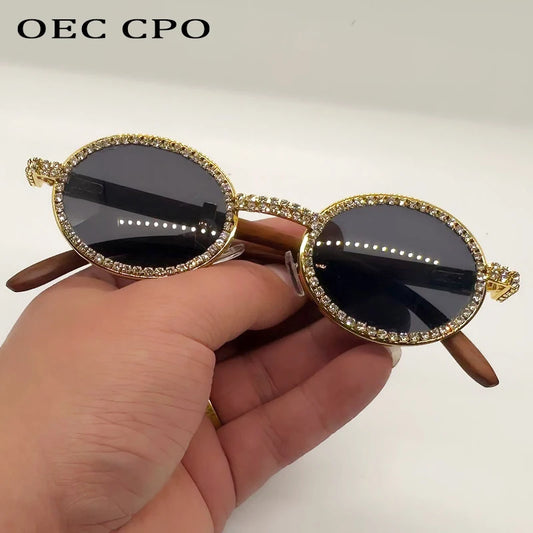 Diamond Luxury Metal Sunglasses UV400 Fashion Rhinestone Oval Eyewear Shades for Women Stylish Designer Brand Female Sun Glasses