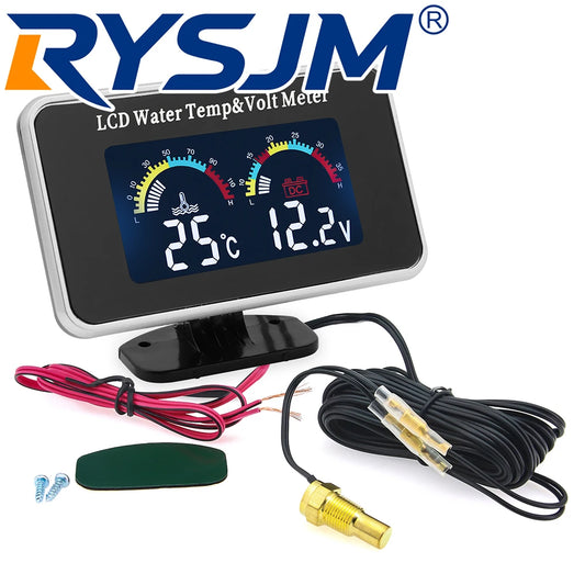 Digital LCD Gauge Dual Meter 0-120℃ Water Temperature Gauge +Voltmeter Water Temp Sensor 1/8NPT for Universal Truck Car 12V24VDC