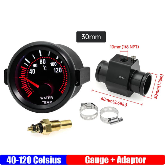 2" 52mm Water Temperature Gauge 40-120℃ Water Temp Meter+Water Temp Joint Pipe Sensor 26-40mm Hose Adapter for Petrol Car 12V
