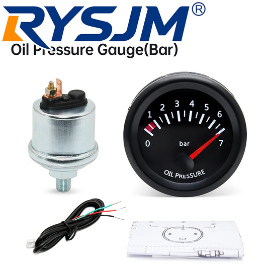 0-7BAR 52MM Oil Pressure Gauge with Sensor 1/8NPT for Universal Petrol Car Automobile Oil Press Meter Indicator 12VDC
