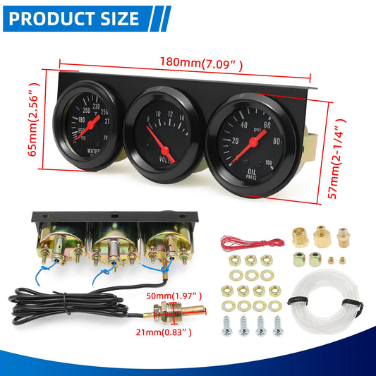 52MM Triple Gauge Kit 3 IN 1 Water Temperature Gauge+Oil Pressure Meter+Voltage for Universal Petrol Engine Car 12V