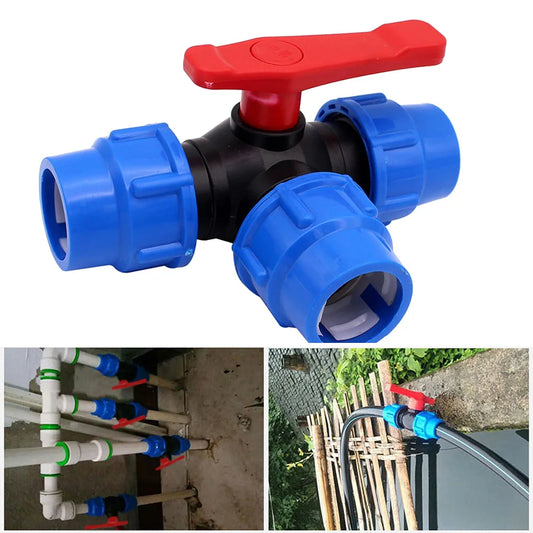 20/25/32/40/50mm PE Pipe Faucet Diverter 3-Way Ball Valve Plastic Valve Ball Valve Garden Lawn Irrigation Water Pipe Fittings