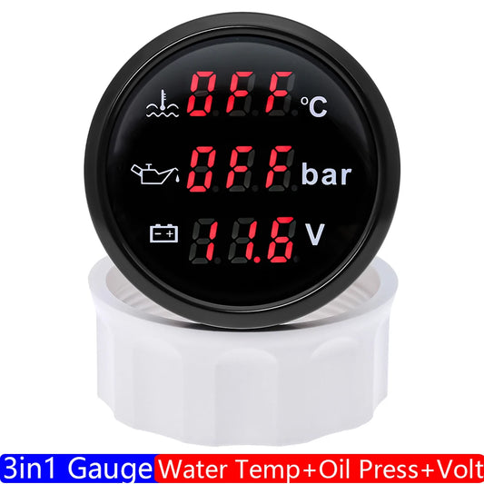 Red Backlight Car Boat 3IN1 Digital 52mm Gauge with Alarm 0~120℃ Water Temperature Gauge+Oil Pressure Meter+Voltmeter 0-10 Bar